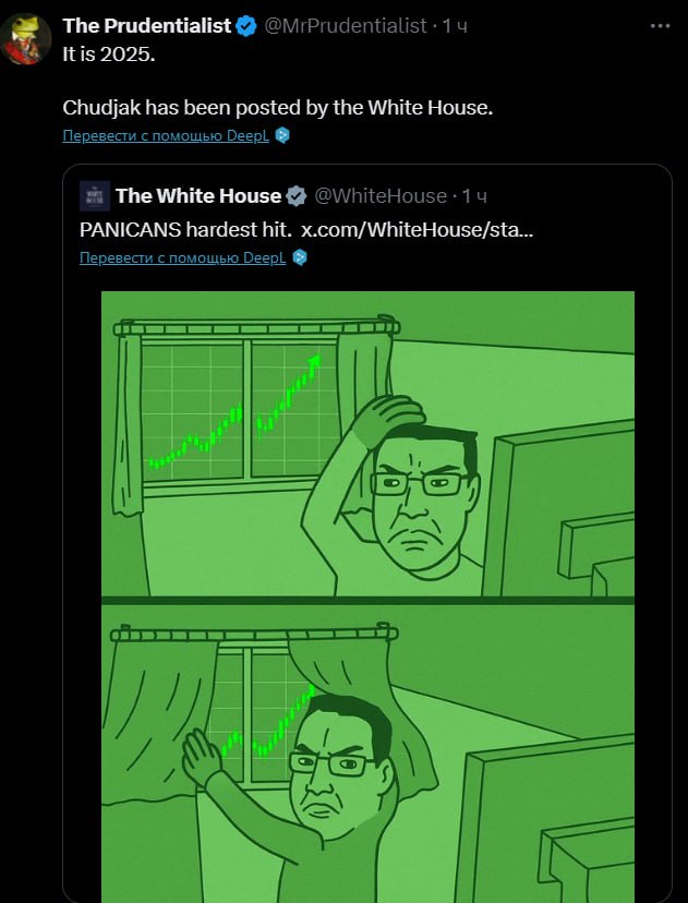The Prudentialist 1 Itis 2025. Chudjak has been posted the White House. Перевести с помощью 2: The White House PANICANS hardest hit. x.com/WhiteHouse/sta... Перевести с помощью DeepL