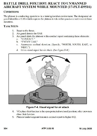 BATTLE DRILL FOXTROT: REACT ТО UNMANNED AIRCRAFT SYSTEM WHILE MOUNTED (17-PLT-D9516) CONDITIONS The platoon is conducting operations in a training/combat environment. The designated air guard identifi