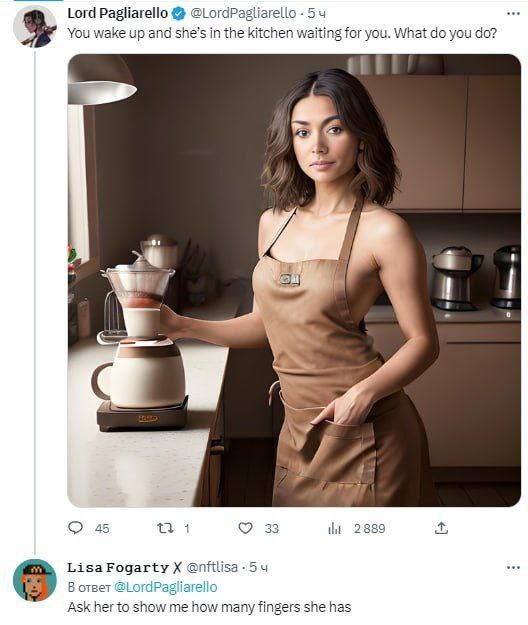 Lord Pagliarello @LordPasgliarello 5 You wake up and she’s in the kitchen waiting for you. What you 2 2 4 7’ 45 4 3 2889 Lisa Fogarty @пНИза.5ч В ответ @LordPagliarello Ask her to show me how many fin