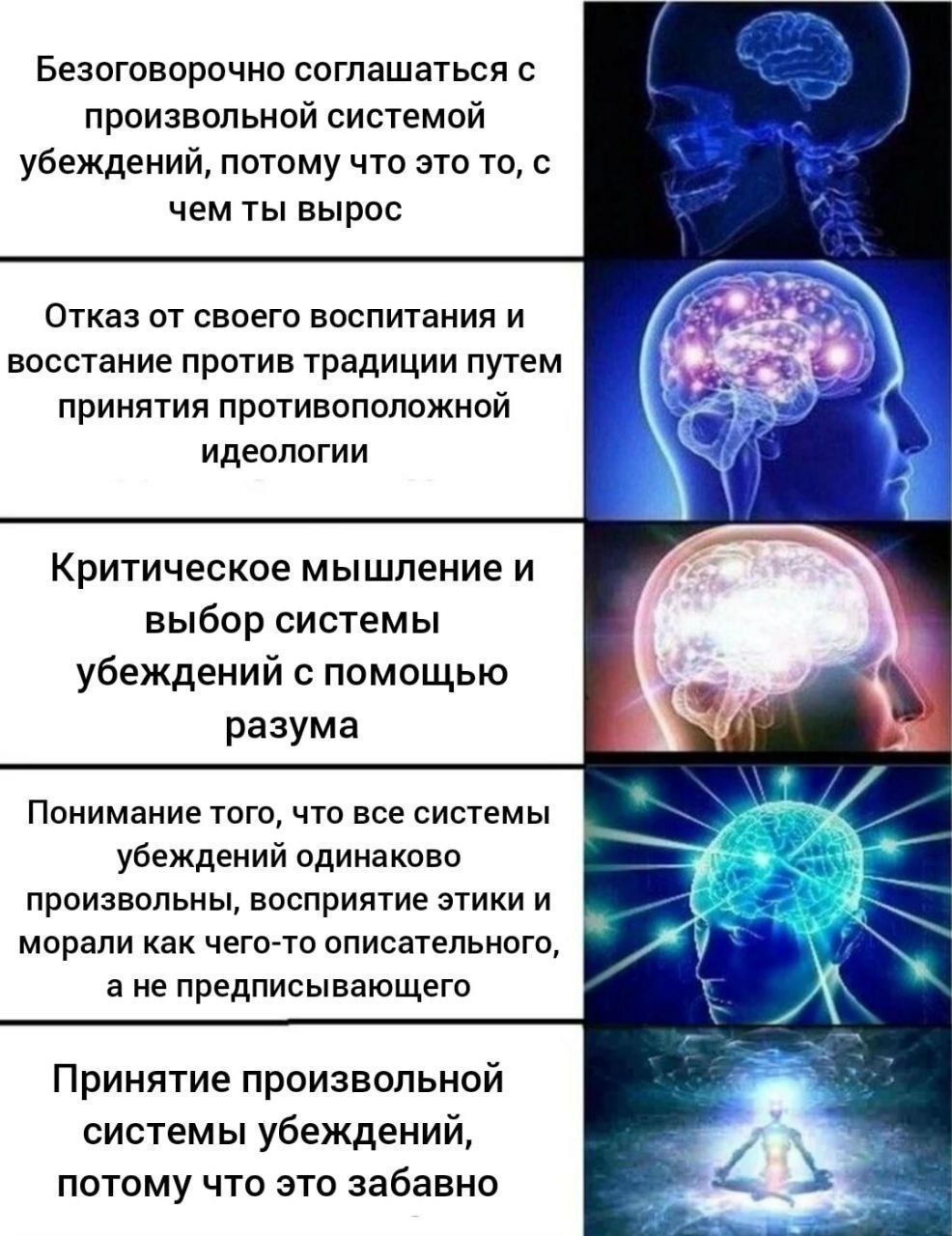 Безоговорочно соглашаться с произвольной системой убеждений, потому что это то, с чем ты вырос Отказ от своего воспитания и восстание против традиции путем принятия противоположной идеологии i Критиче