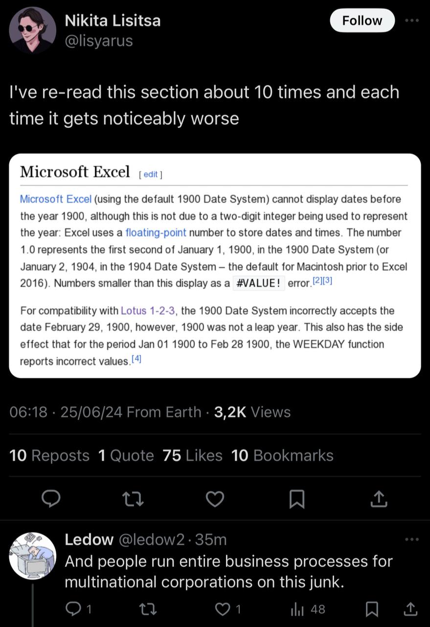 Nikita Lisitsa Follow @lisyarus I've re-read this section about 10 times and each time it gets noticeably worse Microsoft Excel Microsoft Excel (using the default 1900 Date System) cannot display date
