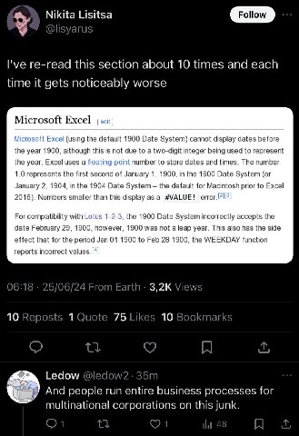 Nikita Lisitsa Follow @lisyarus I've re-read this section about 10 times and each time it gets noticeably worse Microsoft Excel Microsoft Excel (using the default 1900 Date System) cannot display date
