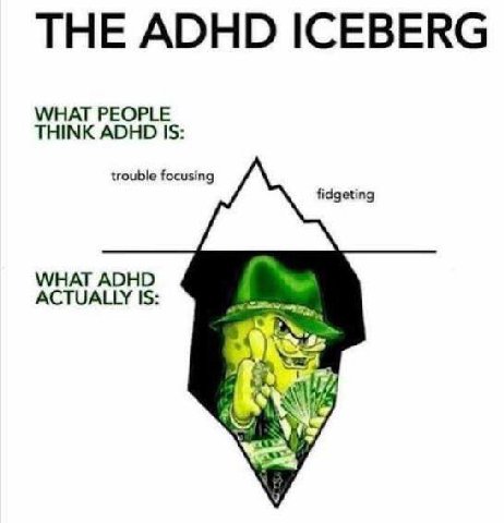 THE ADHD ICEBERG WHAT PEOPLE THINK ADHD IS: trouble focusing fidgeting WHAT ADHD ACTUALLY IS: