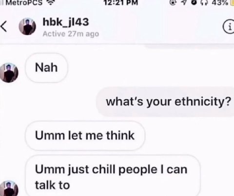 с 454 С Nah your ethnicity? Umm let me think Umm just chill people can talk to