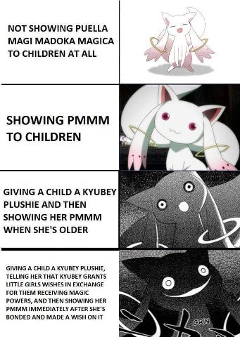 МОТ SHOWING PUELLA MAGI MADOKA MAGICA 4 TO CHILDREN ALL SHOWING PMMM ТО CHILDREN GIVING A CHILD A KYUBEY PLUSHIE AND THEN SHOWING HER PMMM WHEN SHE'S OLDER GIVING A CHILD A KYUBEY PLUSHIE, TELLING HER