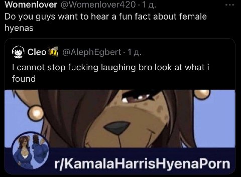 Womenlover @Womenlover420 1 you guys want to hear a fun fact about female hyenas 1 cannot stop fucking laughing bro look at what i found r/KamalaHarrisHyenaPorn