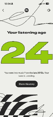 15:54 LTE Your listening age You were into music from the late Your taste is trending.