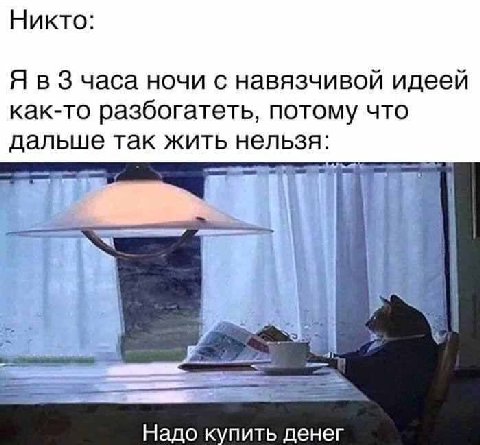 Никто: Я в 3 часа ночи с навязчивой идеей как-то разбогатеть, потому что дальше так жить нельзя: У Надо купить денег