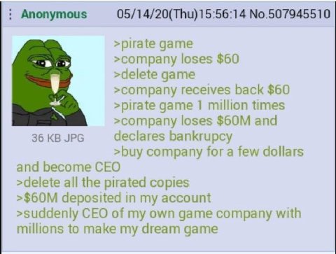Anonymous 05/14/20(Thu) 15:56:14 No.507945510 >pirate game >company loses $60 >delete game >company receives back $60 >pirate game 1 million times >company loses and 36 JPG declares bankrupcy >buy com