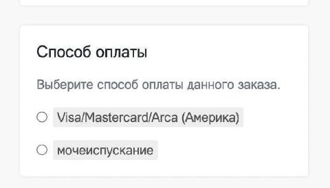 Способ оплаты Выберите способ оплаты данного заказа. О Visa/Mastercard/Arca (Америка) О мочеиспускание