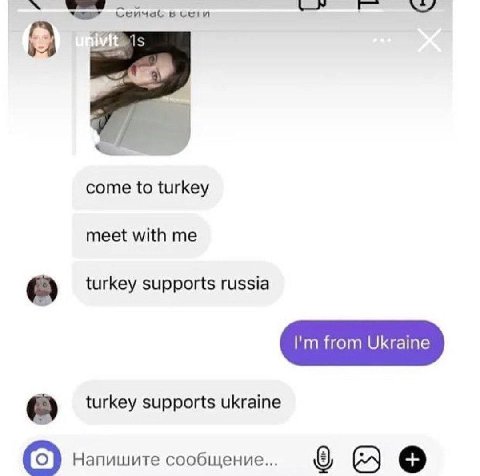 Сейчас 8 come to turkey meet with me в) turkey supports russia from Ukraine в) turkey supports ukraine Напишите сообщение...