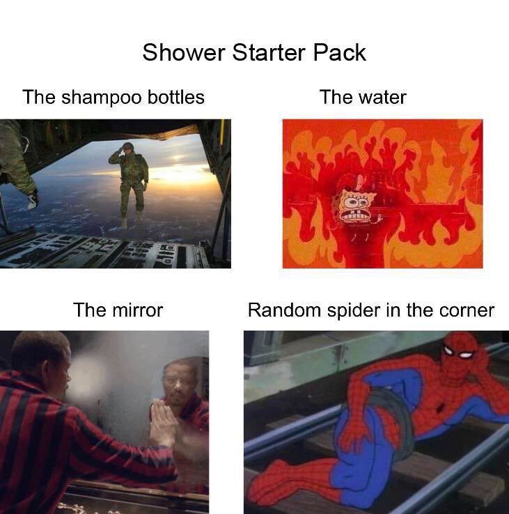 Shower Starter Pack The shampoo bottles The water The mirror Random spider in the corner