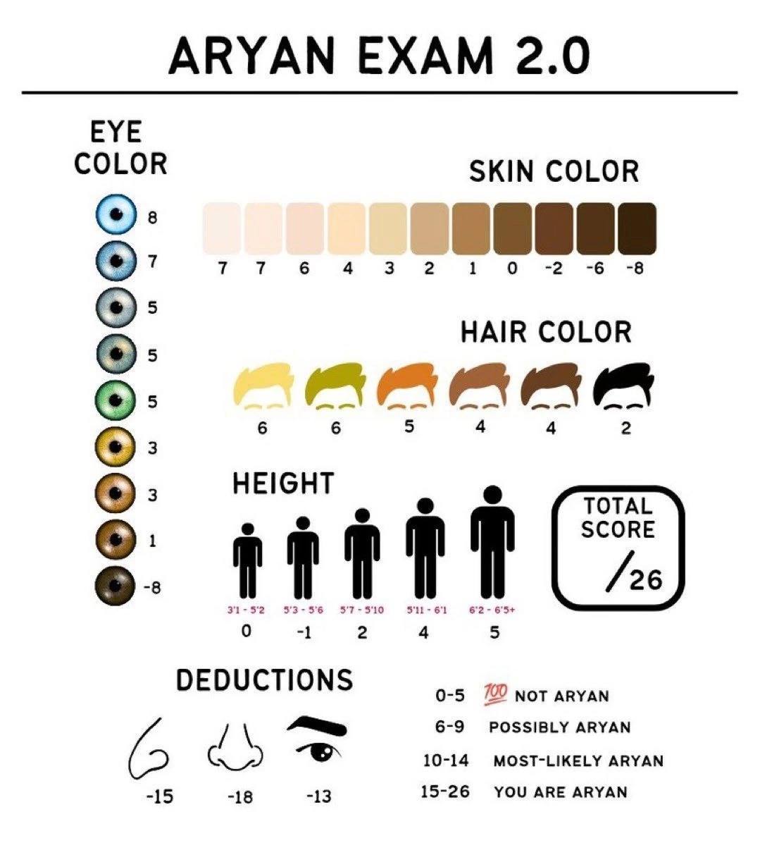 АКУАМ ЕХАМ 2.0 EYE COLOR SKIN COLOR 7 7 6 38 2 9008 HAIR COLOR 6 6 5 4 4 2 TOTAL о SCORE DEDUCTIONS 6-9 POSSIBLY ARYAN 10-14 MOST-LIKELY ARYAN -15 -18 -13 15-26 YOU ARE ARYAN