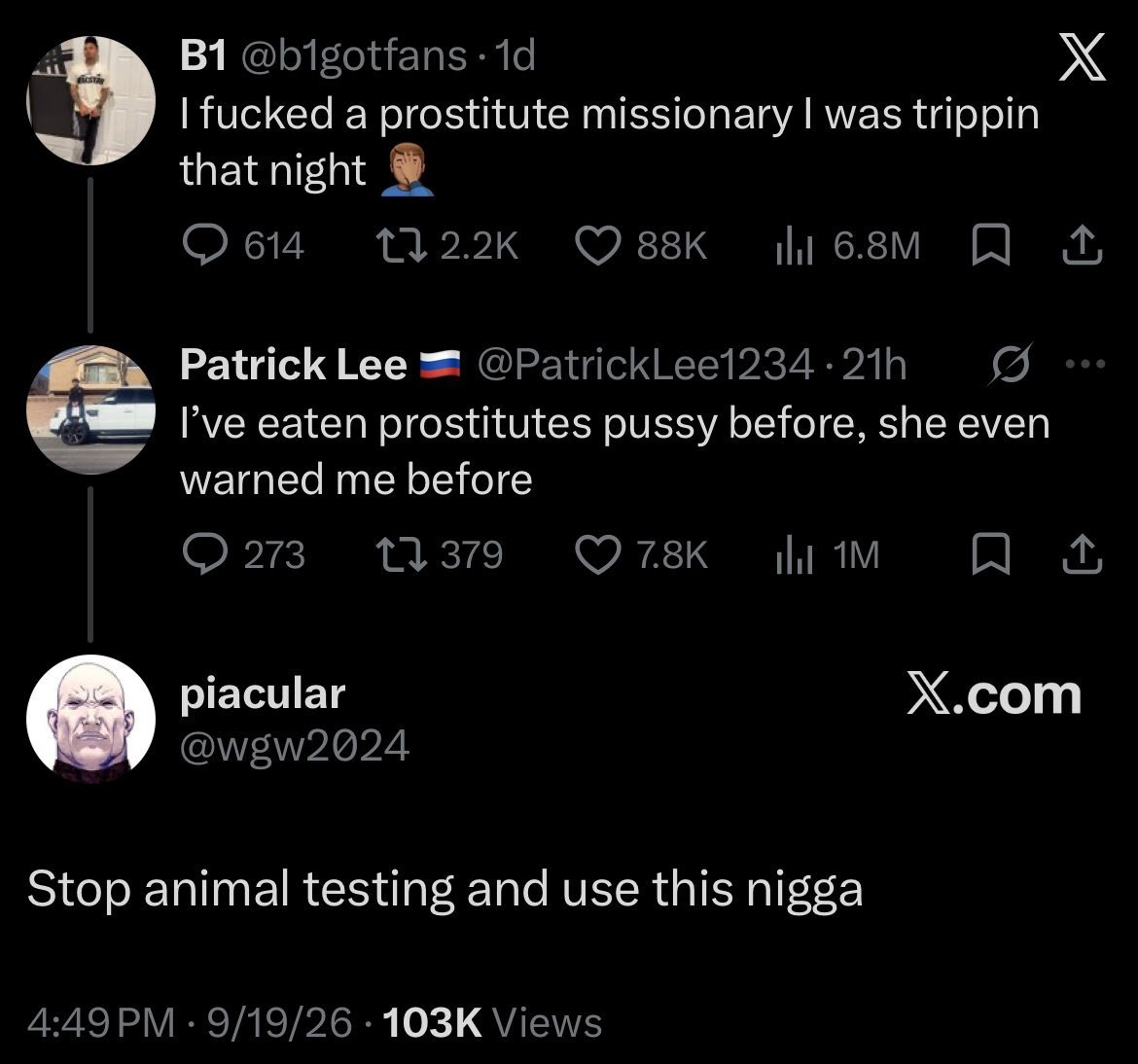 fucked a prostitute missionary was trippin that night Patrick Lee eaten prostitutes pussy before, she even warned me before Х.сот piacular Stop animal testing and use this nigga