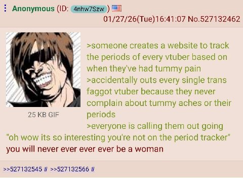 Anonymous 01/27/26(Tue)16:41:07 No.527132462 А >someone creates a website to track the periods of every vtuber based when they've had tummy pain к. >accidentally outs every single trans faggot vtuber 