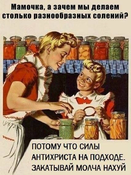 Мамочка, а зачем мы делаем столько разнообразных солений? noTo ИЛЫ АНТИХРИСТА НА ПОДХОДЕ. ЗАКАТЫВАЙ МОЛЧА НАХУЙ