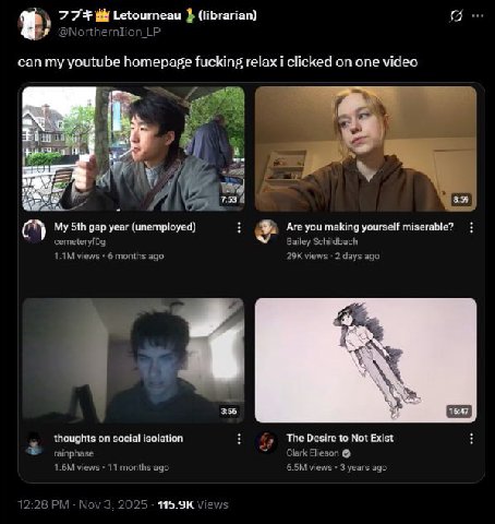 Letourneau (librarian) can my youtube homepage fucking relax i clicked on one video 7:53 4 Are you making yourself miserable? My gap year (unemployed) cemeteryf0g Bailey Schildbach views 6 months ago 