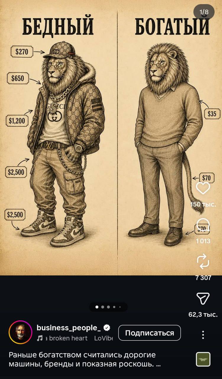 А $650 4 if $1 200 7 к $70 0 @eeee- 62,3 тыс. business_people_ Подписаться БгоКеп heart LoVibe Раньше богатством считались дорогие машины, бренды и показная роскошь.