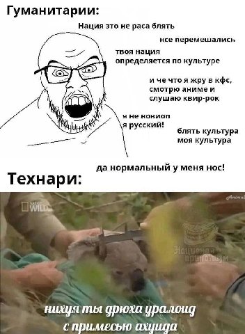 Гуманитарии: Нация это не раса блять все перемешались твоя нация определяется по культуре и че чтоя жру в KOC, смотрю аниме и слушаю квир-рок я не новиоп я русский! блять культура моя культура да норм
