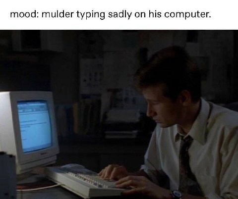 mood: mulder typing sadly on his computer.
