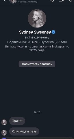 sydney_sweeney a у Sydney Sweeney sydney_sweeney Подписчики: 26 млн Публикации: 580 Вы подписаны на этот аккаунт Instagram с 2025 года Посмотреть профиль 10:20 Привет Хотя куда я лезу