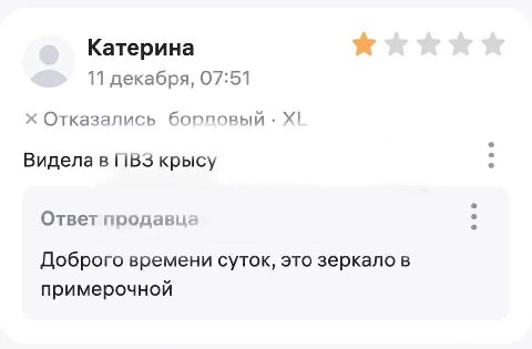 Катерина 11 декабря, 07:51 Отказались борловый Видела в ПВЗ крысу Ответ продавца Доброго времени суток, это зеркало в примерочной