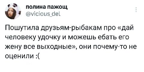 полинапажощ У @vicious del Пошутила друзьям-рыбакам про «дай человеку удочку и можешь ебать его жену все выходные», они почему-то не оценили