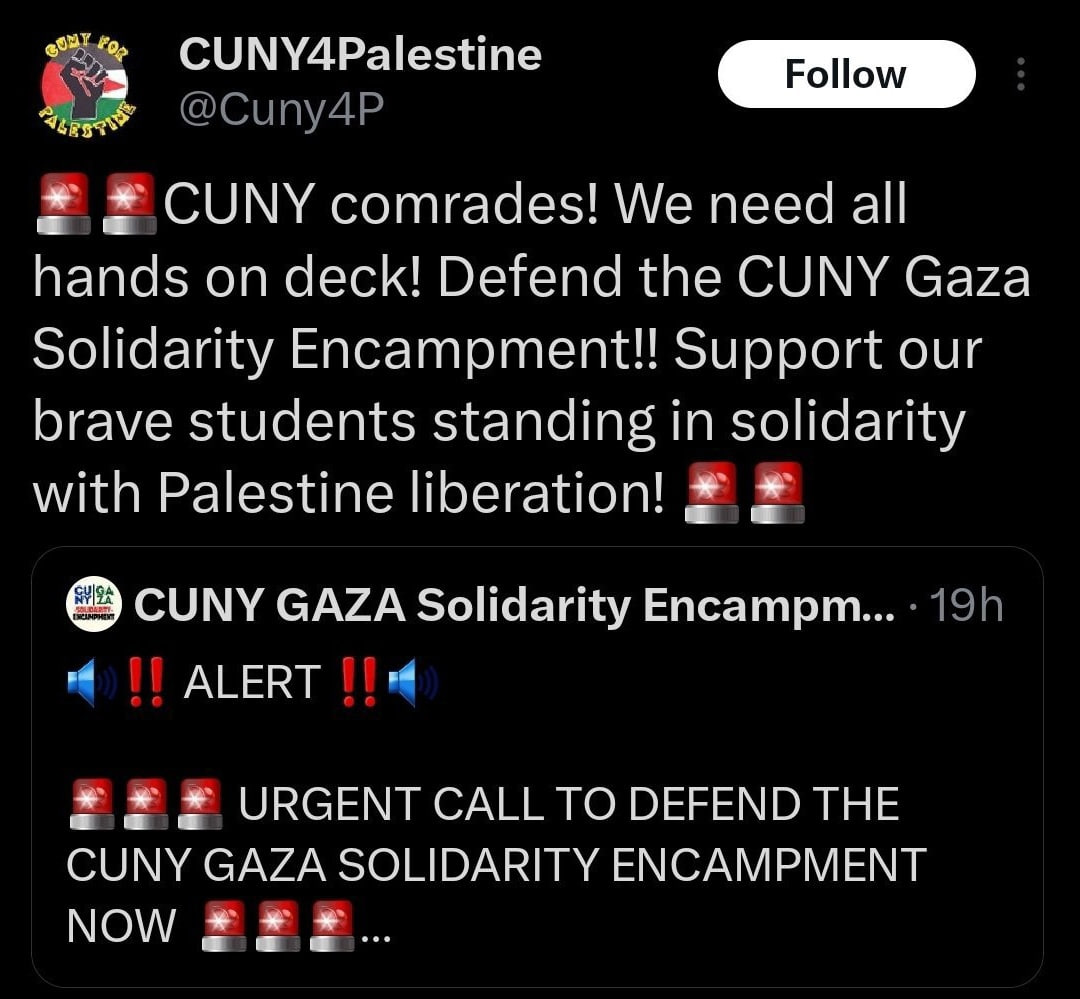 3 CUNY4Palestine Роном CUNY comrades! We need all hands on deck! Defend the CUNY Gaza Solidarity Support our brave students standing in solidarity with Palestine liberation! CUNY GAZA Solidarity Encam