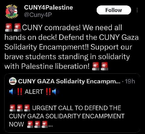 3 CUNY4Palestine Роном CUNY comrades! We need all hands on deck! Defend the CUNY Gaza Solidarity Support our brave students standing in solidarity with Palestine liberation! CUNY GAZA Solidarity Encam