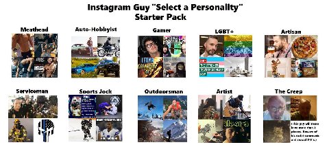 Instagram Guy “Select a Personality Starter Pack Meathead Auto-Hobbyist Gamer LGBT+ Artisan 3 i» 3 i 2 We Serviceman Sports Jock Outdoorsman Artist The Creep 2 Fst я 7 (4) 4 9: MAYBE 2 (This guy will 