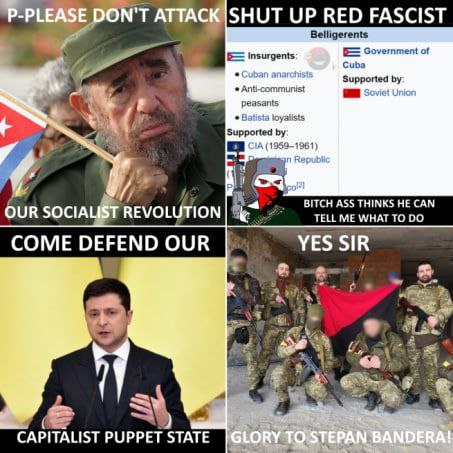 АТТА. SHUT UP RED FASCIST Belligerents Insurgents Government of Cuba munist Supported ants ‘Supported 1) OUR SOCIA REVOLUTION BITCH ASS THINKS HE CAN TELL ME WHAT TO COME DEFEND OUR YES SIR 3 CAPITALI