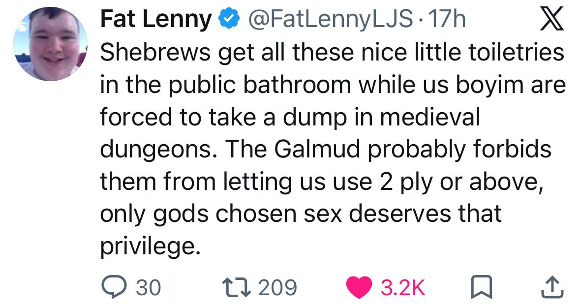 Fat Lenny Shebrews get all these nice little toiletries in the public bathroom while boyim are forced to take a dump in medieval dungeons. The Galmud probably forbids them from letting use 2 ply or ab