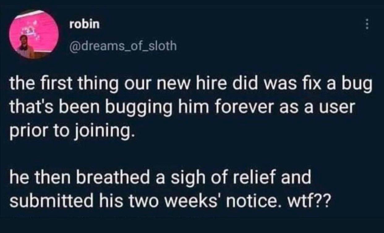 robin @dreams_of_sloth the first thing our new hire did was fix a bug that's been bugging him forever as a user prior to joining. he then breathed a sigh of relief and submitted his two notice. wtf??