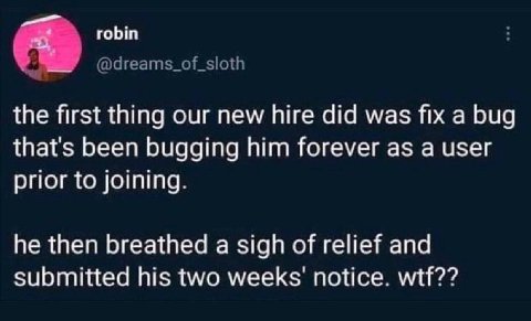 robin @dreams_of_sloth the first thing our new hire did was fix a bug that's been bugging him forever as a user prior to joining. he then breathed a sigh of relief and submitted his two notice. wtf??