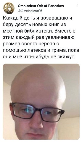 Omniscient Orb of Pancakes @OmniscientOf Каждый день я возвращаю и беру десять новых книг из местной библиотеки. Вместе с этим каждый раз увеличиваю размер своего черепа с помощью Латекса и грима, пок