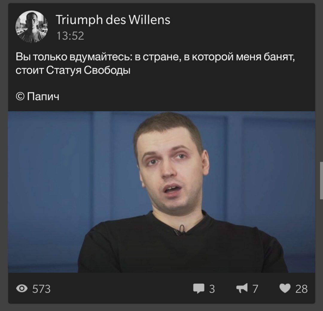 Triumph des Willens Вы только вдумайтесь: в стране, в которой меня банят, стоит Статуя Свободы Папич