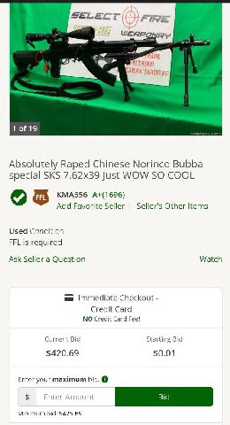 1 of 19 Absolutely Raped Chinese Norinco Bubba special SKS Just WOW SO COOL КМА556 А+(1696) Add Favorite Seller Seller's Other Items Used Condition FFL is required Ask Seller a Question Watch Immediat