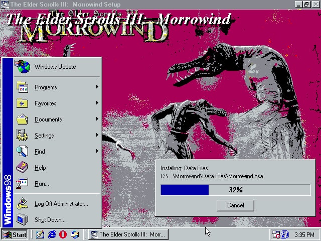 a BETES 5 @1 15 пей orrowind Windows Update Programs Favorites “а, 4 Documents Settings A Find Help Installing: Data Files Files\Morrowind.bsa Run... 32% Log Off Administrator. Cancel Shut Down... The