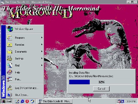 a BETES 5 @1 15 пей orrowind Windows Update Programs Favorites “а, 4 Documents Settings A Find Help Installing: Data Files Files\Morrowind.bsa Run... 32% Log Off Administrator. Cancel Shut Down... The