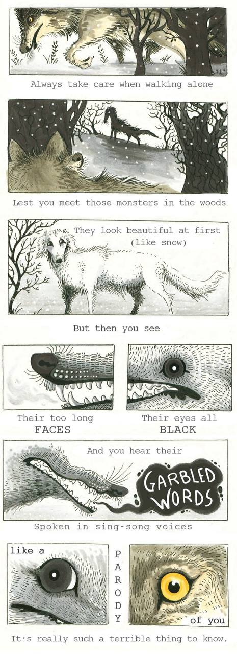 NYC Always take саге when alone AS. a Lest you meet those monsters in the woods и. They look beautiful at first 14 (like snow) But then you see 1 2) See RSS COG Their too long Their eyes all FACES BLA