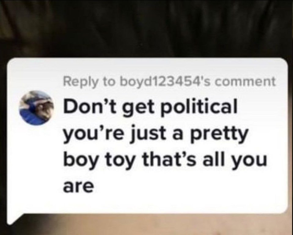 Don’t get political you’re just a pretty boy toy that’s all you are