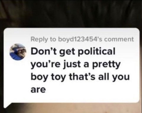 Don’t get political you’re just a pretty boy toy that’s all you are