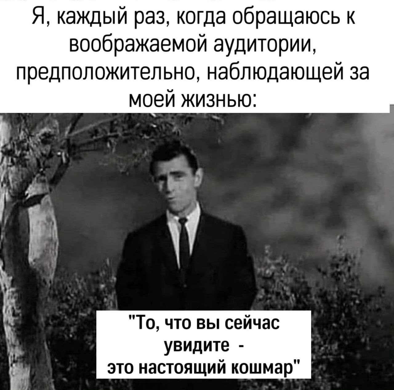 Я, каждый раз, когда обращаюсь к воображаемой аудитории, предположительно, наблюдающей за моей ЖИЗНЬЮ: А "То, что вы сейчас увидите это настоящий кошмар"