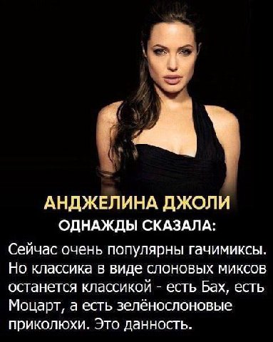 АНДЖЕЛИНА ДЖОЛИ ОДНАЖДЫ СКАЗАЛА: Сейчас очень популярны Гачимиксы. Но классика в виде слоновых миксов останется классикой есть Бах, есть Моцарт, а есть зелёнослоновые приколюхи. Это данность.