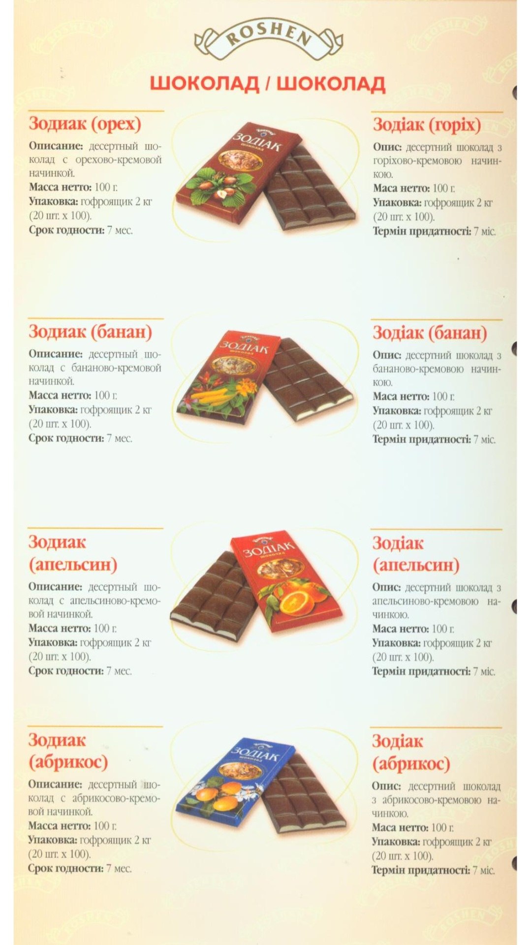 $9 ШОКОЛАД ШОКОЛАД Зодиак (орех) Зодак (ropix) Описание: десертный Опис: десертний шоколад 3 колад с орехово-кремовой горйхово-кремовою начин- начинкой. Масса нетто: 100 Maca нетто; 100 Упаковка: гофр