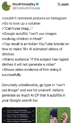 MouthKindaDry Х.сот @DryMouthGroyper >couldn't comment pictures on Instagram to look up a solution >"Can't use imag..." >Google autofills "can't use images involving children in Hindi" >Top result is 