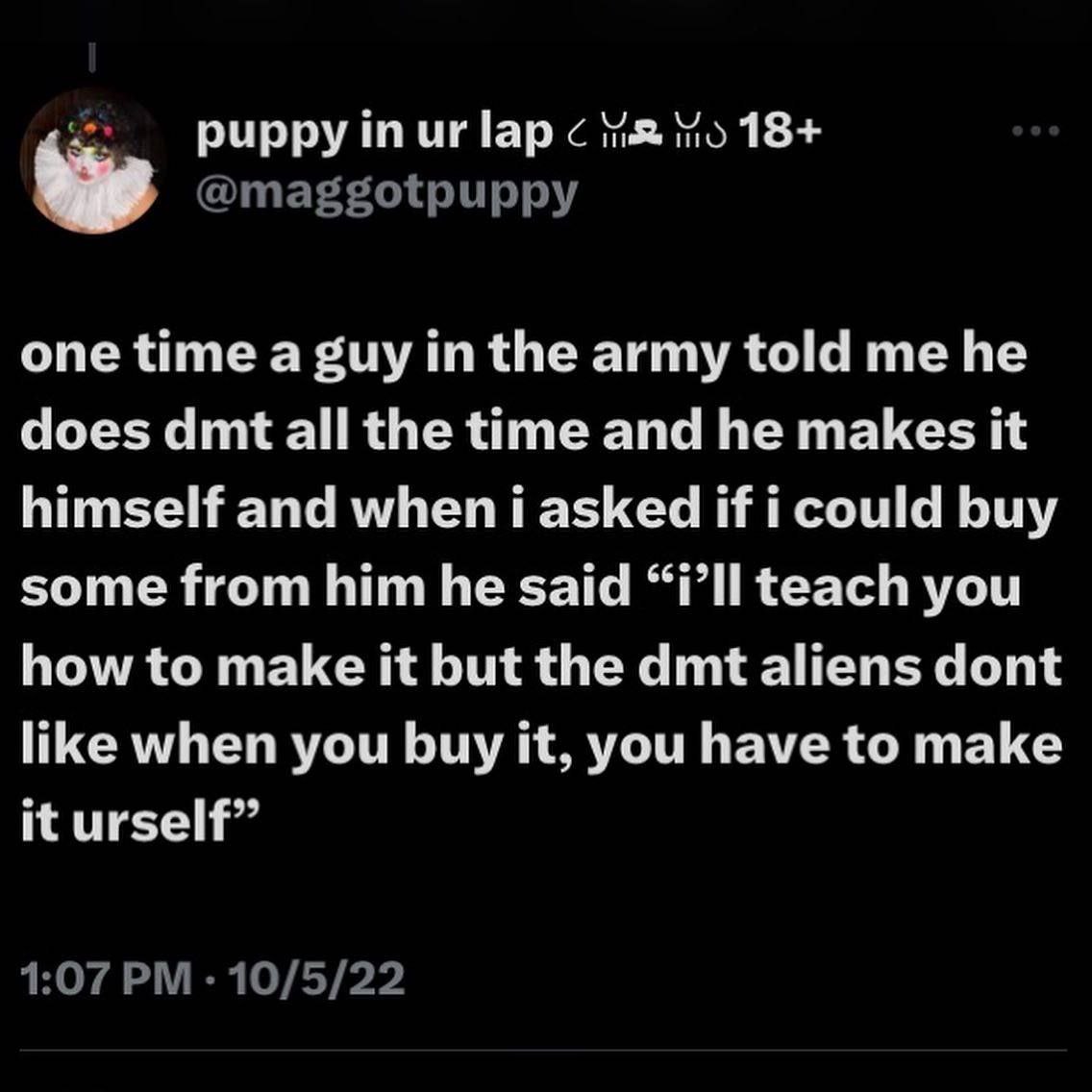 рирру и! lap 18+ @maggotpuppy one time a guy in the army told me he does dmt all the time and he makes it himself and when i asked if i could buy some from him he said “i’ll teach you how to make it b