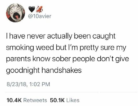 А @10avier have never actually been caught smoking weed but pretty sure my parents know sober people don't give goodnight handshakes 8/23/18, 1:02 Retweets Likes