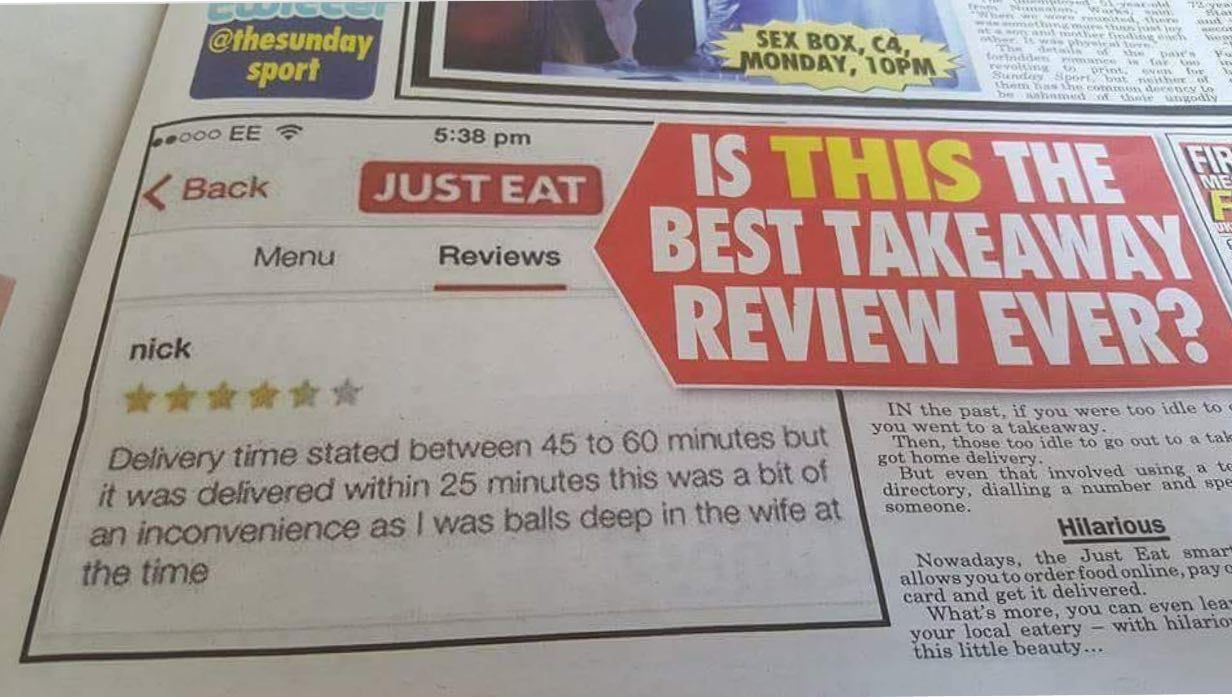 @thesunday sport BOX, 1OPM 5 5:38 Мепи Reviews BEST We: i 4 REVIEW the past, if you were idle Delivery time stated between 45 to 60 minutes but out delive it was delivered within 25 minutes this was a