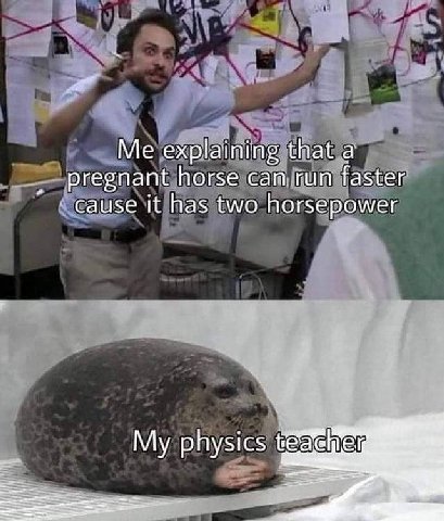 Me explaining that а pregnant horse can run faster cause it has two horsepower My physics